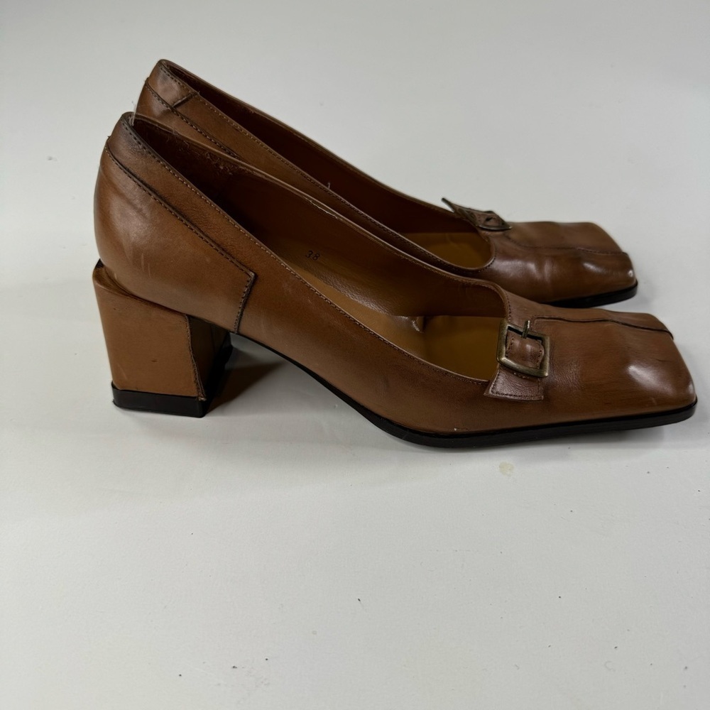 Blay Square‎ Toe Brown Leather Pumps Size 38